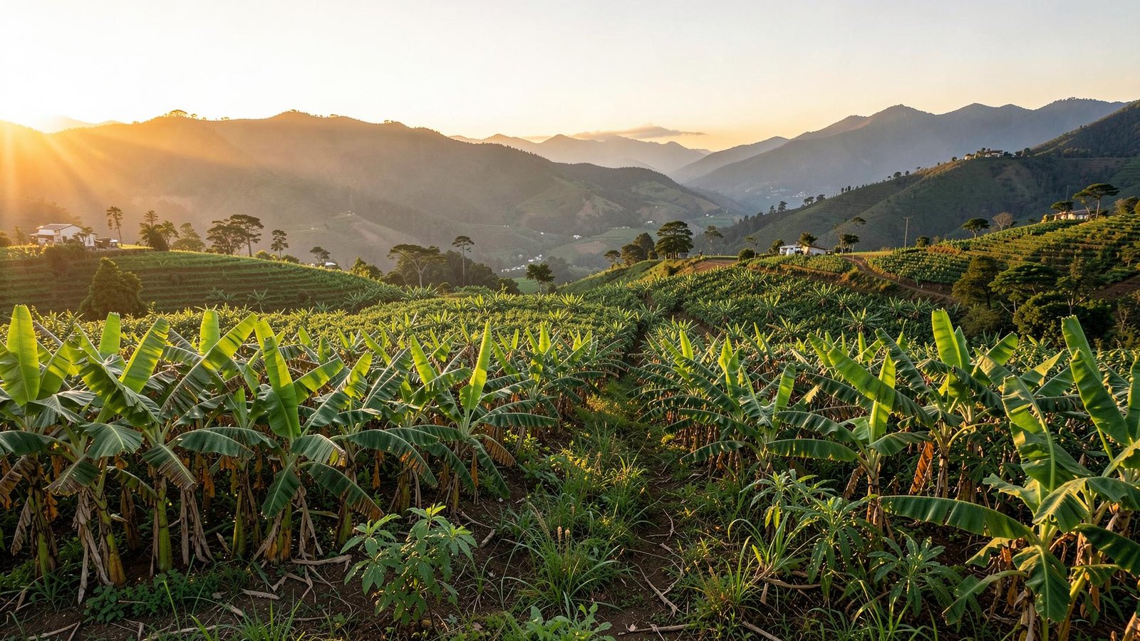 Valle agrícola peruano con plantaciones de plátano al amanecer